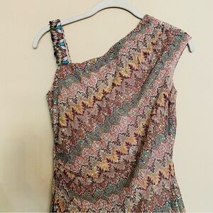 David Meister One-Shoulder Pink Multicolor Beaded Asymmetrical Dress